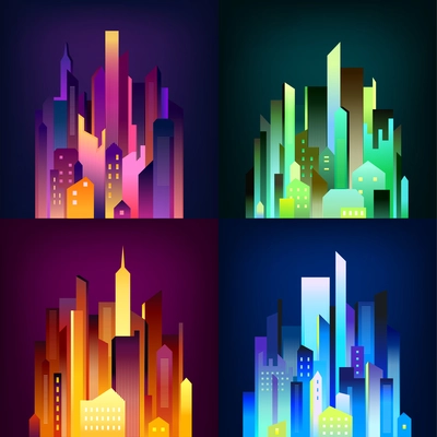 Night city downtown skyscrapers and business center edifices in colorful illumination lights 4 icons square poster vector illustration