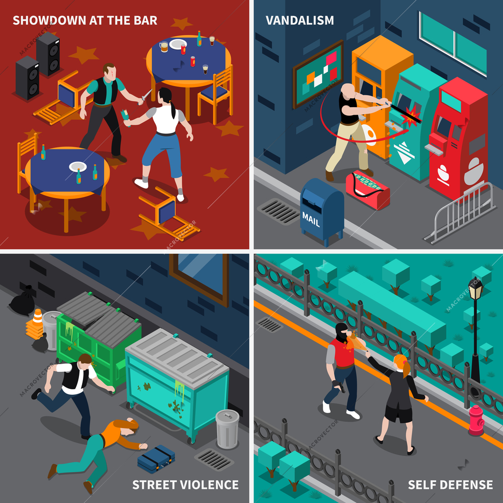 Hooliganism isometric compositions with fight at bar and self defense street violence and vandalism isolated vector illustration