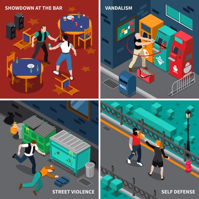 Hooliganism isometric compositions with fight at bar and self defense street violence and vandalism isolated vector illustration