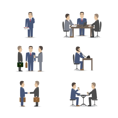 Business people negotiations scenes set vector illustration