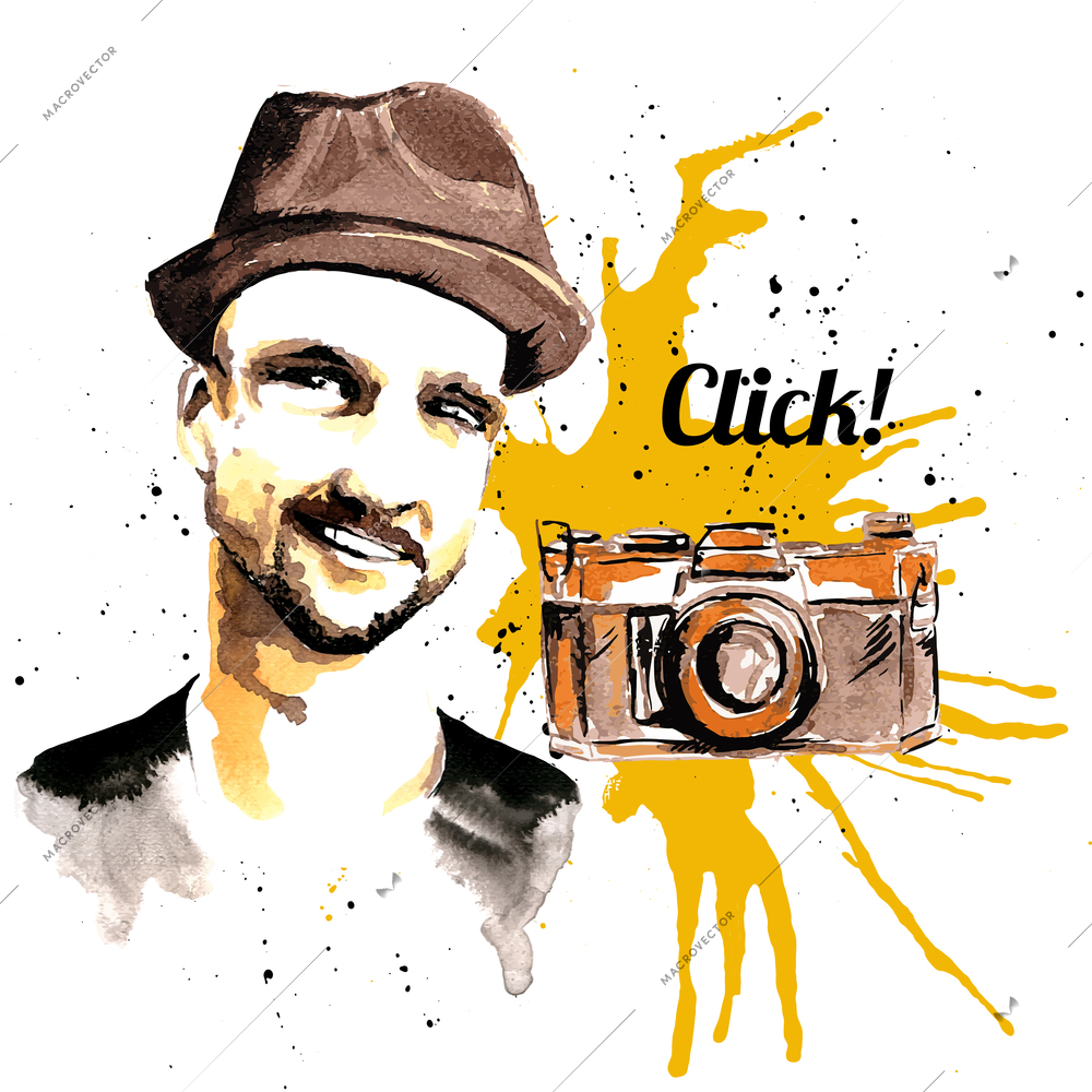 Male hipster character with hat and photo camera ink drawn poster vector illustration