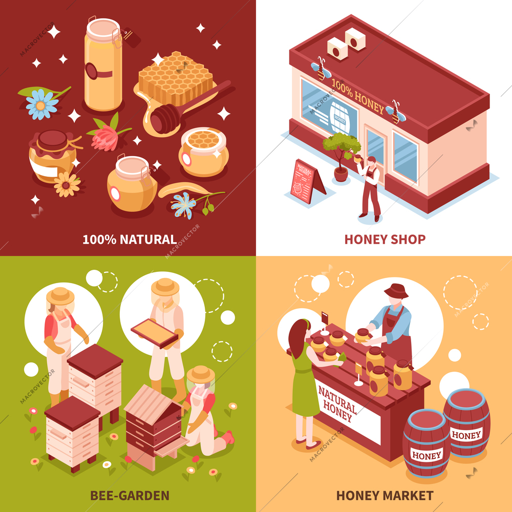 Bee keeping honey production and sale 4 isometric icons concept with beehives and market isolated vector illustration