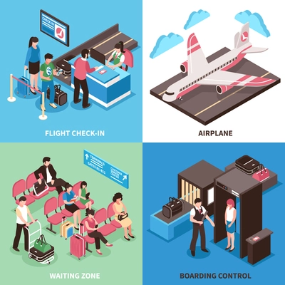 Airport departure concept 4 isometric icons square poster with flight check in and boarding control isolated vector illustration