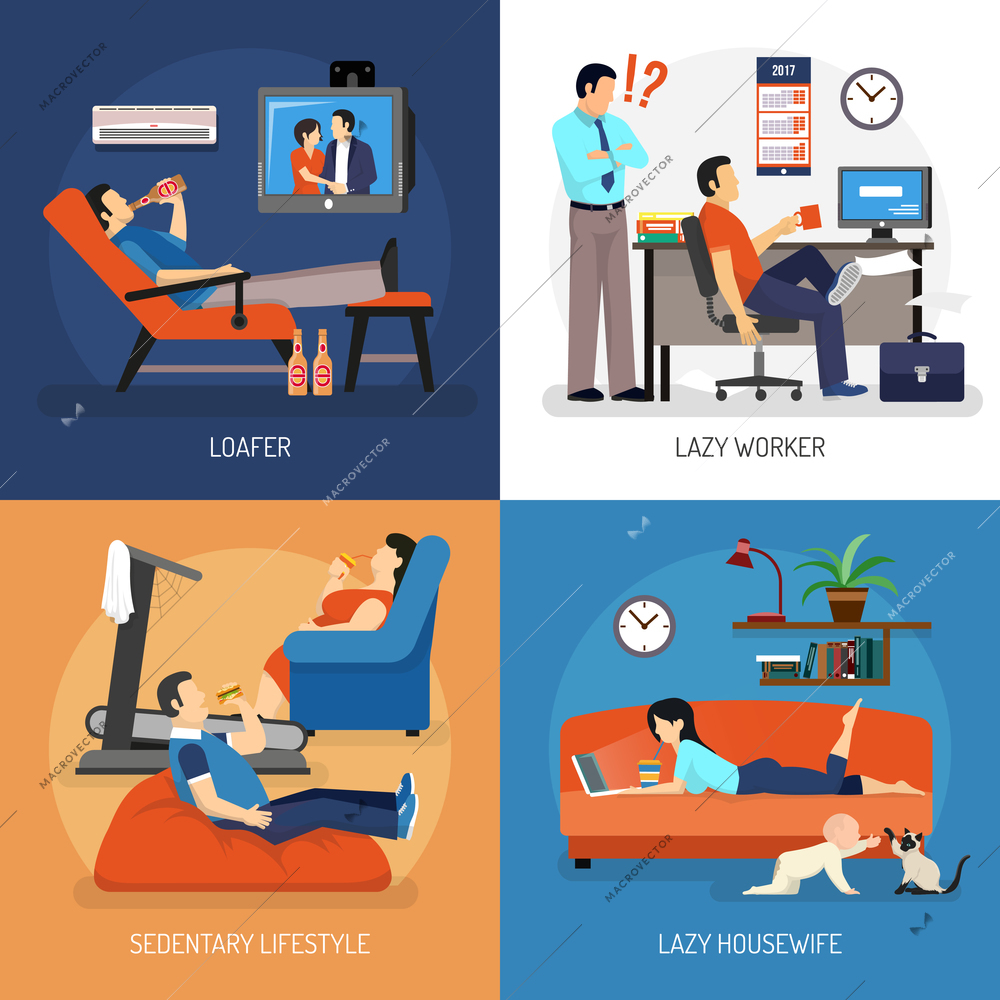 Lazy people at work and at home compositions including housewife on sofa sitting lifestyle isolated vector illustration