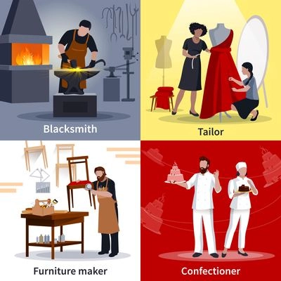 Craftspeople at work 4 flat icons square composition poster with tailor blacksmith furniture maker isolated vector illustration