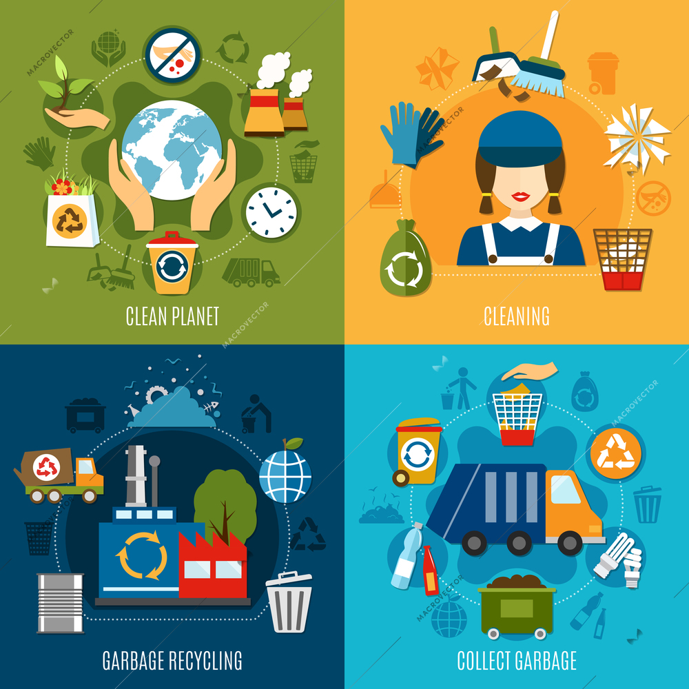 Garbage design concept with four square compositions of flat waste recycling and cleaning images and pictograms vector illustration