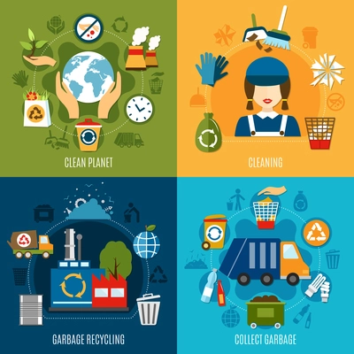 Garbage design concept with four square compositions of flat waste recycling and cleaning images and pictograms vector illustration