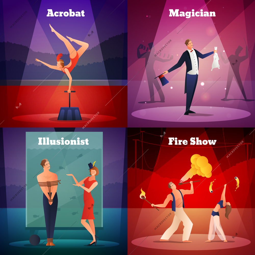 Magic show 2x2 design concept set of acrobat illusionist magician and fire show square compositions flat vector illustration