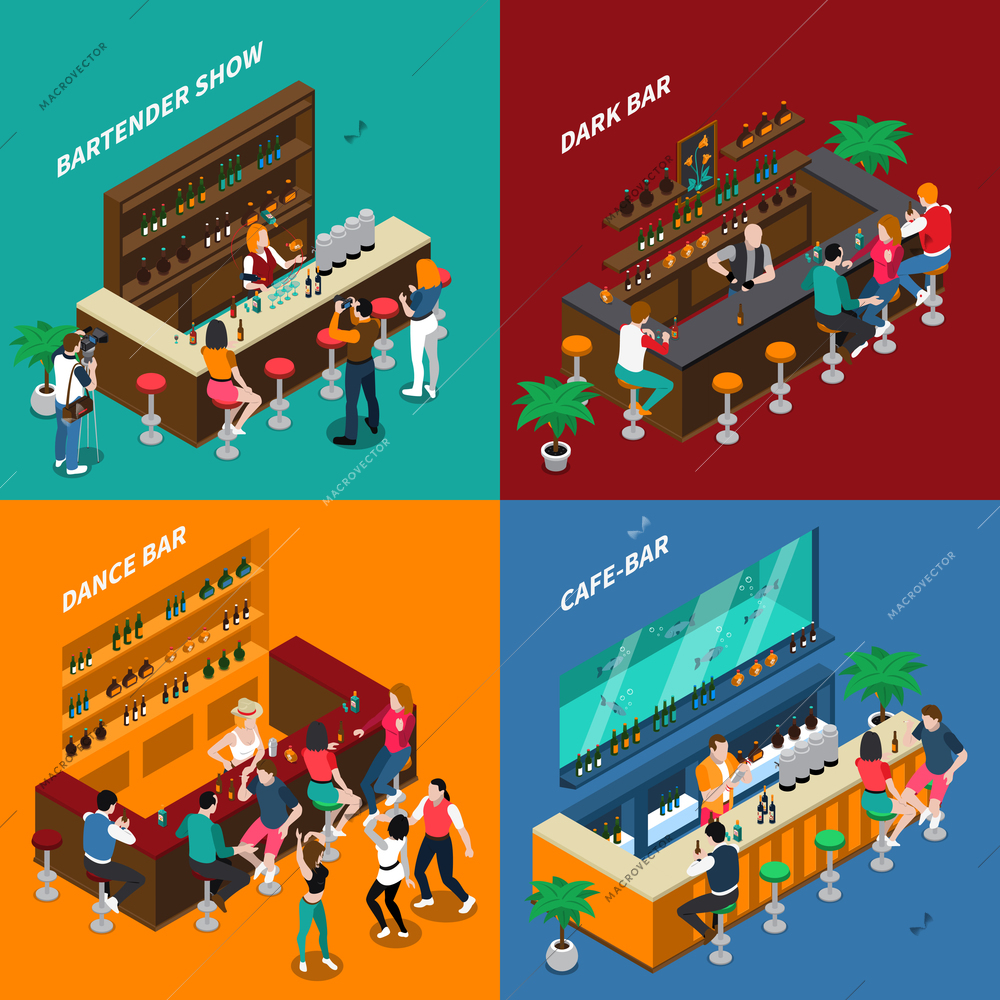 People in bar 2x2 design concept of interiors with racks chairs bartenders and guests isometric vector illustration