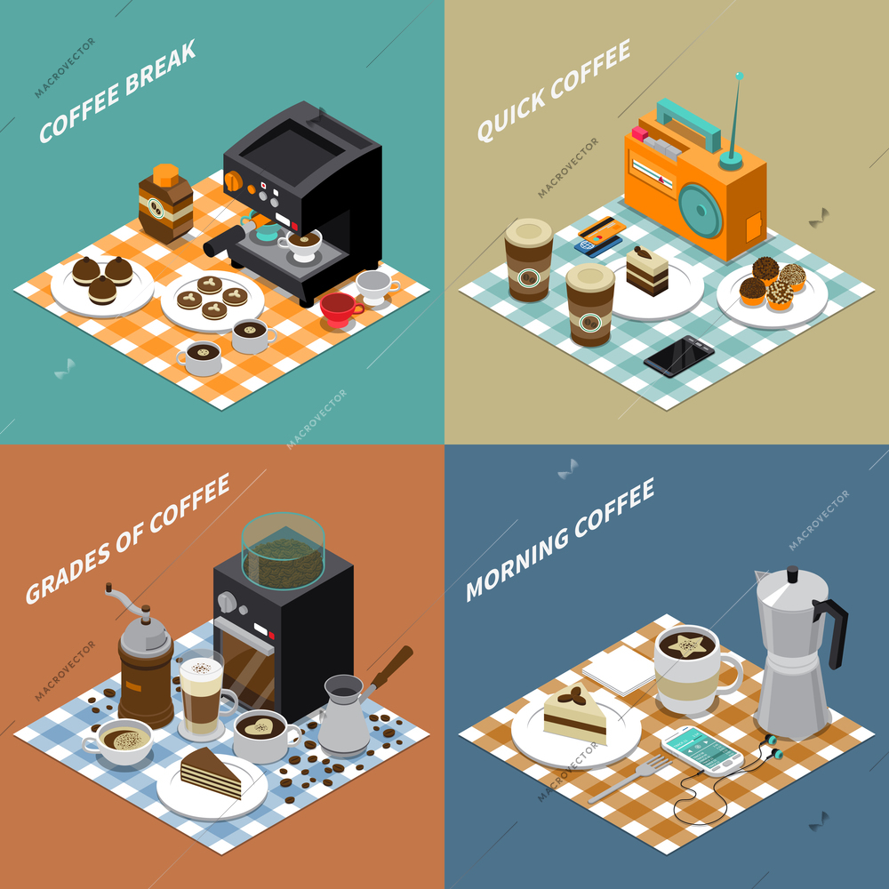 Isometric design concept with grains drinks and sweets coffee maker grinder smartphone and radio isolated vector illustration