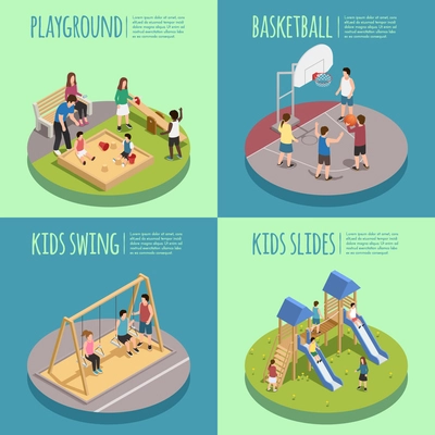 Children playground isometric compositions including kids in sandbox, basketball game, swings and slides isolated vector illustration