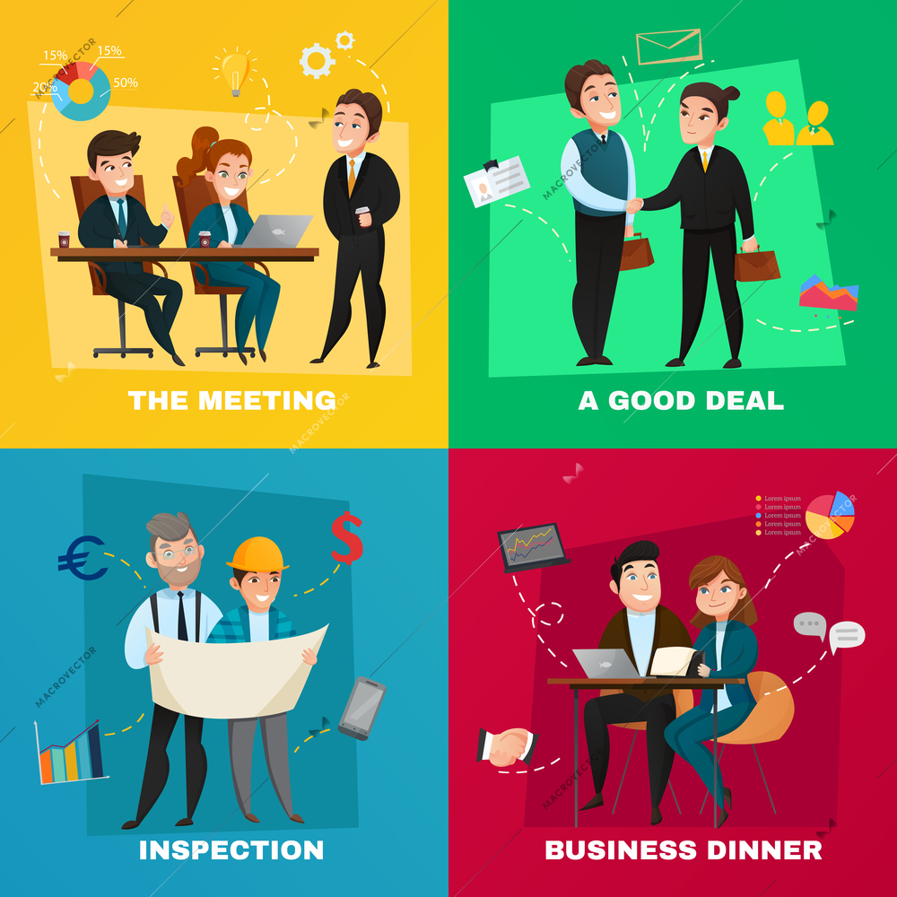 Four square business people concept icon set with the meeting a good deal inspection and business dinner descriptions vector illustration