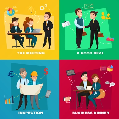 Four square business people concept icon set with the meeting a good deal inspection and business dinner descriptions vector illustration