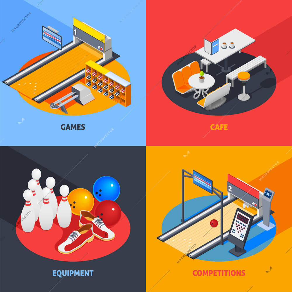 Bowling colorful isometric compositions including game equipment with return system, cafe, sports gear, competitions isolated vector illustration