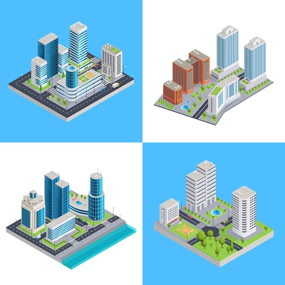 Modern city isometric compositions with commercial buildings and residential houses road infrastructure and transportation isolated vector illustration