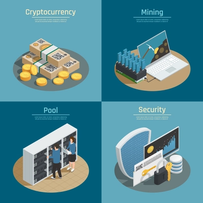Isometric compositions with mining of cryptocurrency, coins and banknotes, pool of system users, security isolated vector illustration