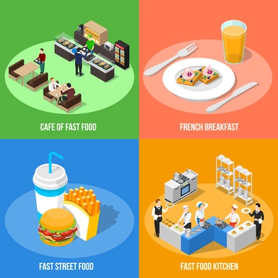 Fast food 2x2 design concept with cafe interior french breakfast street food and fast food kitchen Isometric square compositions vector illustration