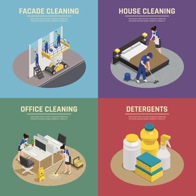 Isometric compositions with professional cleaning of facade buildings, office, house, detergents and washing tools isolated vector illustration