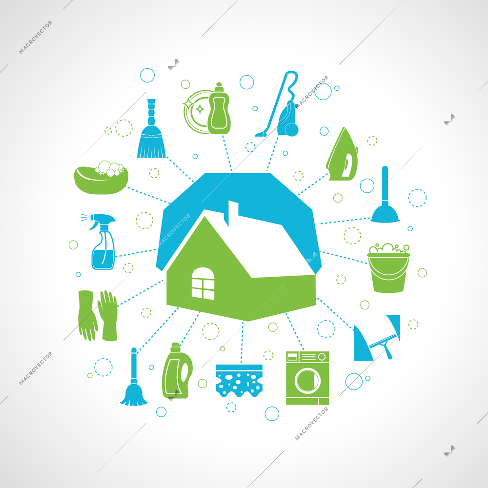 Cleaning washing concept with house and housework icons set vector illustration