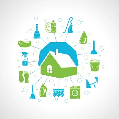 Cleaning washing concept with house and housework icons set vector illustration
