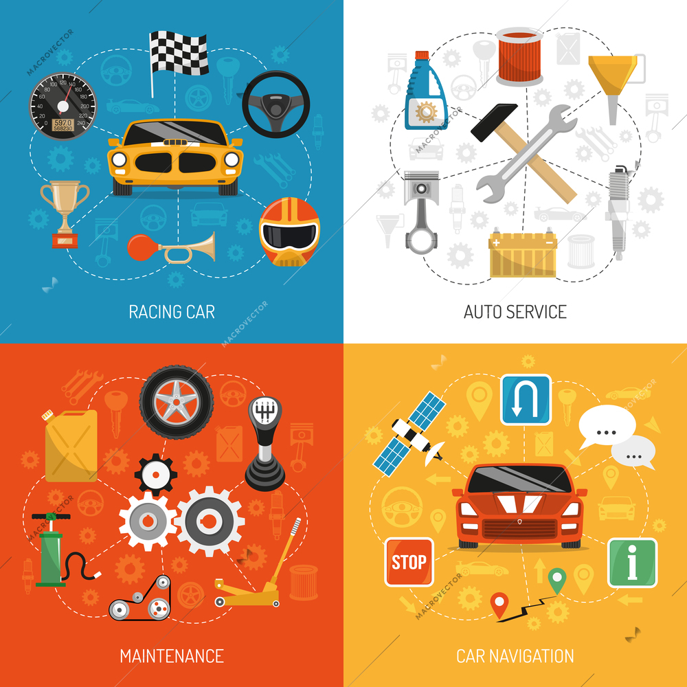 Racing car auto service maintenance and navigation 4 flat icons set square background concept isolated vector illustration