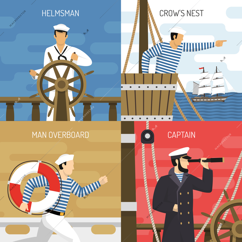 Sail ship crew members at work 4 flat icons square with helmsman captain sailors isolated vector illustration