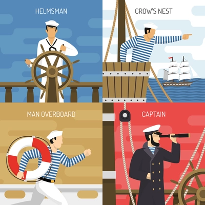 Sail ship crew members at work 4 flat icons square with helmsman captain sailors isolated vector illustration