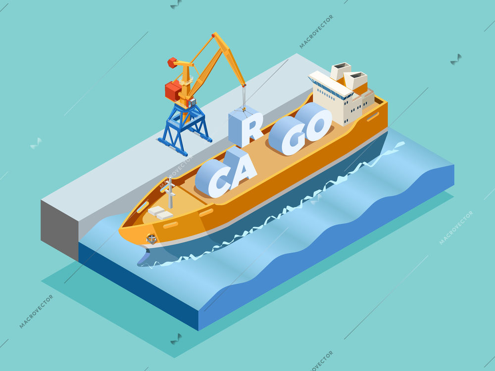 Seaport isometric template with crane loading inscription cargo on ship isolated vector illustration