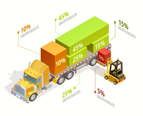 Logistic infographic isometric template with right truck loading and forklift isolated vector illustration