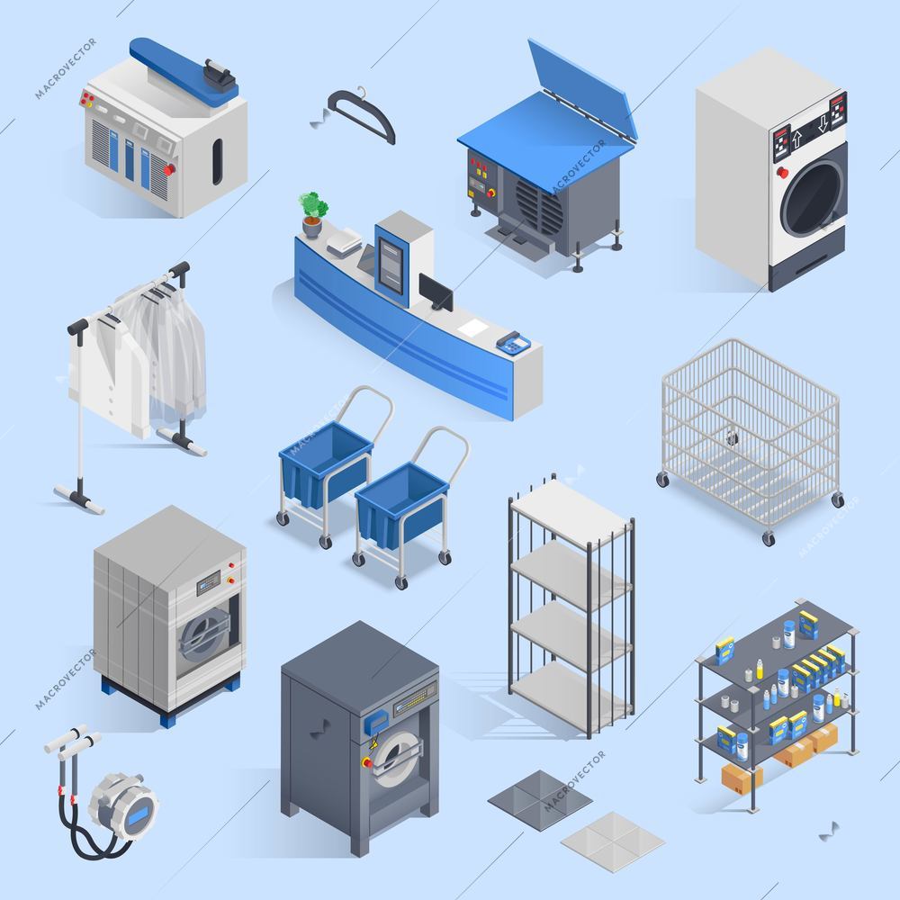 Dry cleaning and laundry service isometric set with icons of washing machine ironing board cleansers and carts for clean clothes