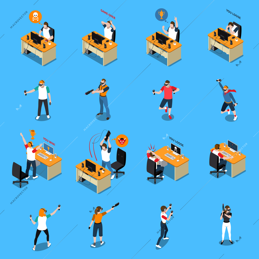 People in cyber sport isometric set with virtual headset emotions of players near pc isolated vector illustration