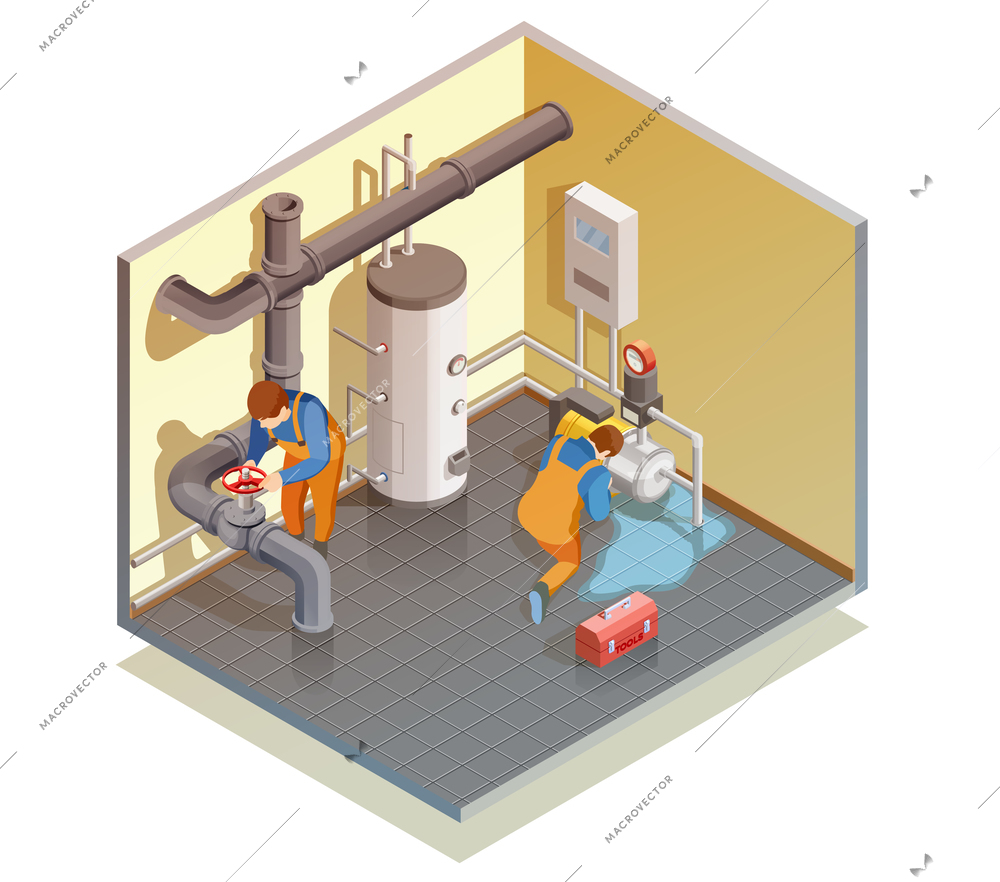 Two plumbers at work fixing boiler leak and checking heating water system pressure isometric composition vector illustration