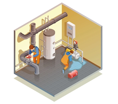 Two plumbers at work fixing boiler leak and checking heating water system pressure isometric composition vector illustration