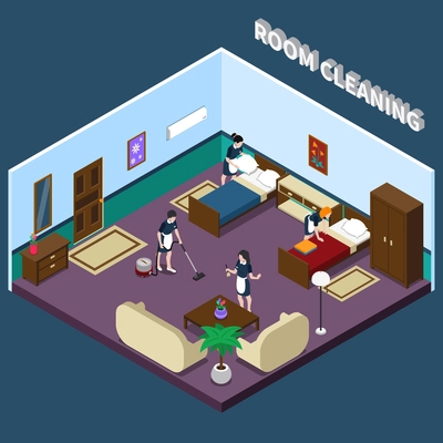 Cleaning hotel room isometric design with team of maids interior elements on dark background 3d vector illustration