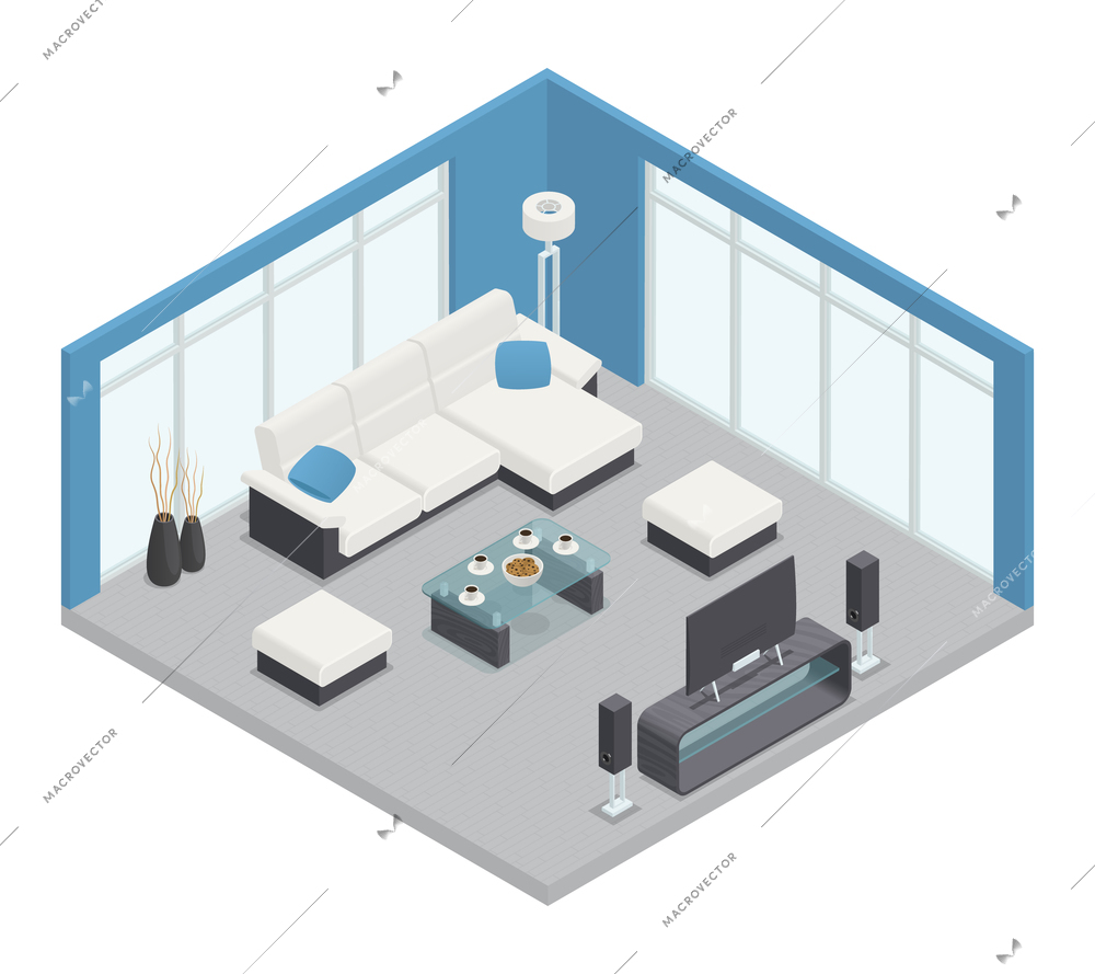 Dining room isometric composition with TV sofa table and lamp vector illustration