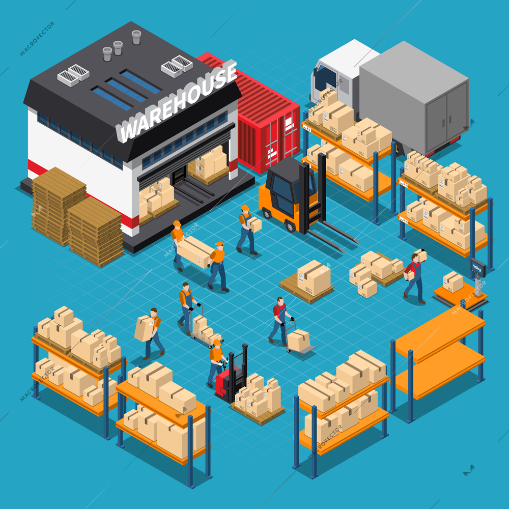 Warehouse isometric composition with employees and storage building shelves and boxes transportation on blue background vector illustration