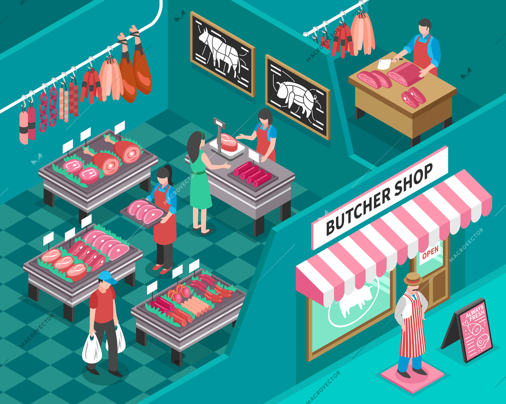 Meat shop with outside view and interior design sellers butcher and customers fresh products isometric vector illustration