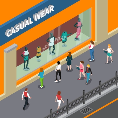 Mannequins in showcase of shop with female casual wear and people at street isometric vector illustration