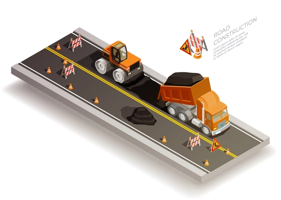 Road construction pit collapse repairs isometric composition with traffic cones signs and road machinery laying asphalt vector illustration