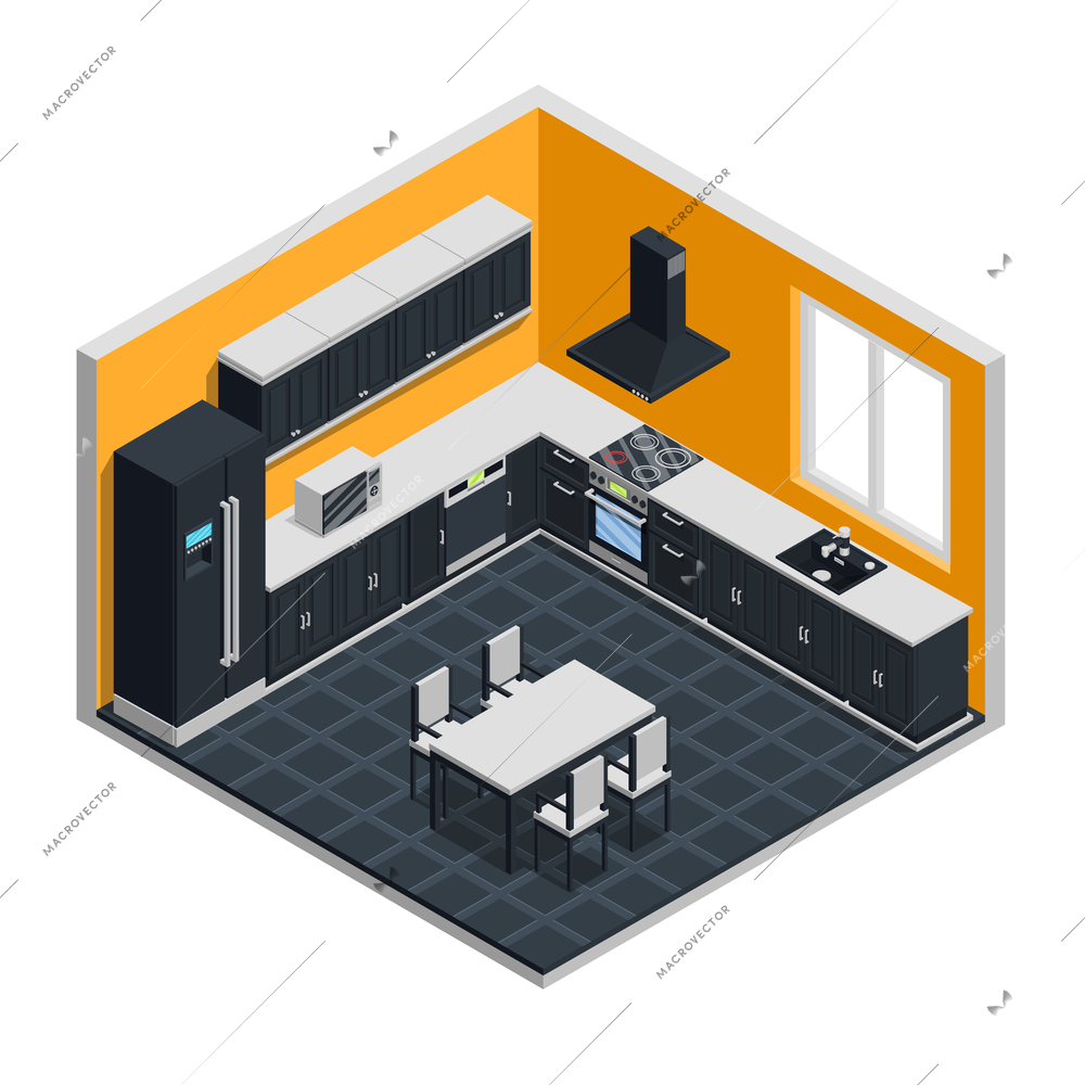 Kitchen interior isometric concept with microwave cooker and table vector illustration
