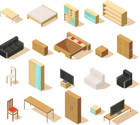 Furniture isometric set of isolated items with double beds sofas chairs armchairs bedside tables and tv vector illustration