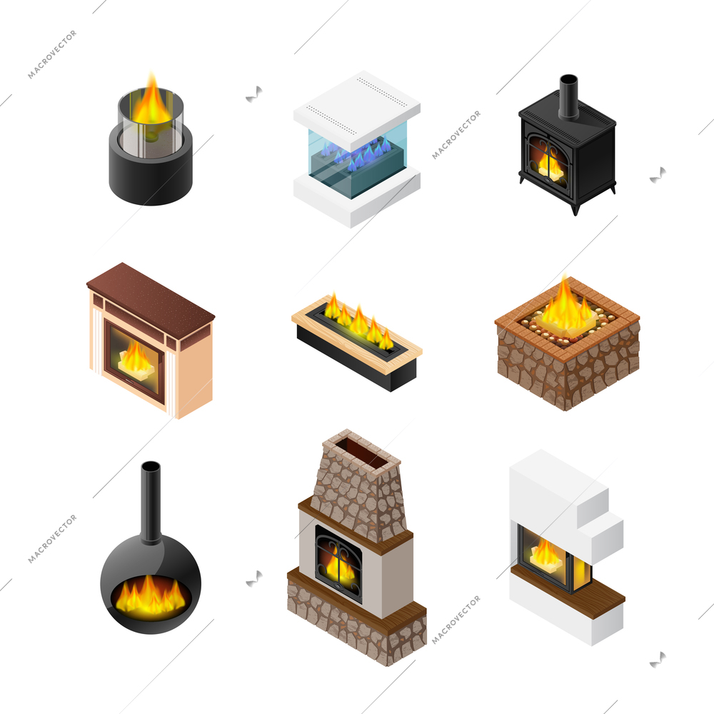 Nine isolated fireplace designs set of different colour and shape of grate chimney and mantelpiece materials vector illustration