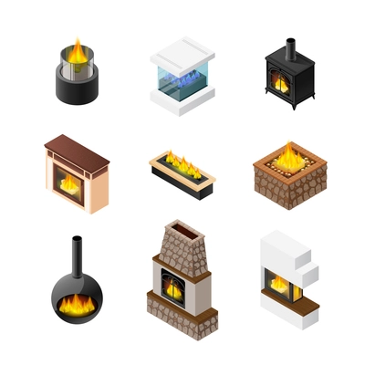 Nine isolated fireplace designs set of different colour and shape of grate chimney and mantelpiece materials vector illustration