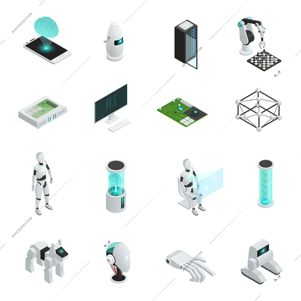 Colored and isolated artificial intelligence isometric icon set with electronics and new technologies in human life vector illustration