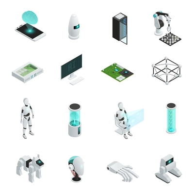 Colored and isolated artificial intelligence isometric icon set with electronics and new technologies in human life vector illustration