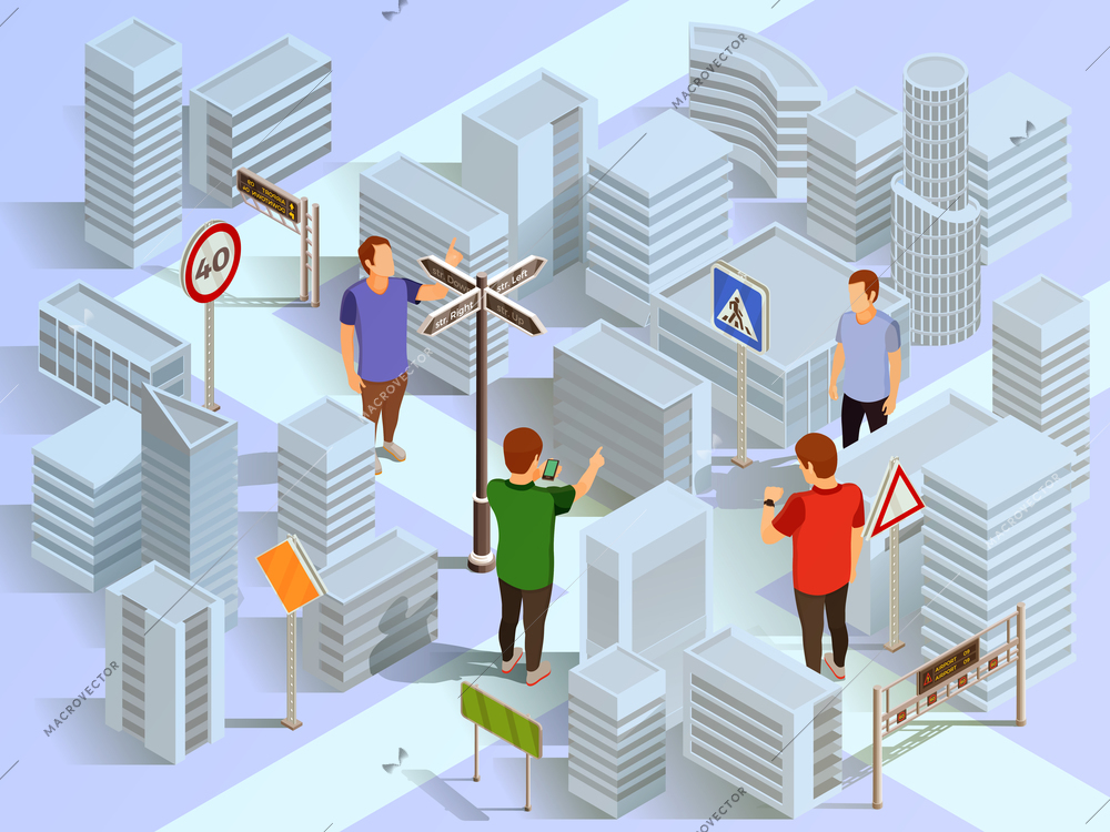 City navigation with help of digital maps isometric composition vector illustration