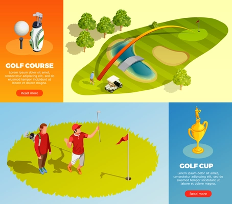 Golf isometric horizontal banners with decorative elements showing playing golfers tournament cup golf course vector illustration