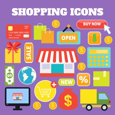 Shopping decorative icons set with plastic card money bags isolated vector illustration