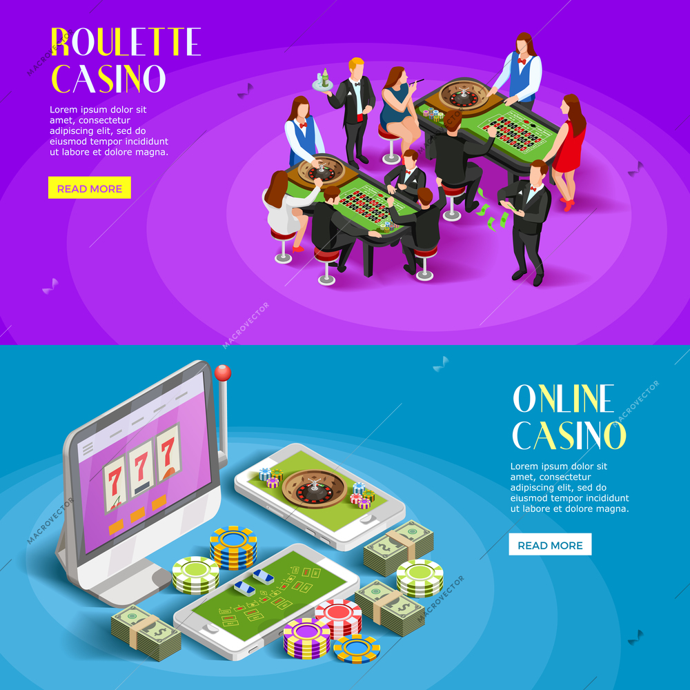 Casino isometric banners with roulette gambling tables people characters and online gaming apps with read more button vector illustration