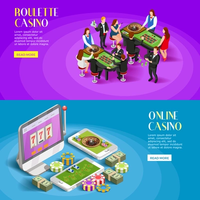 Casino isometric banners with roulette gambling tables people characters and online gaming apps with read more button vector illustration